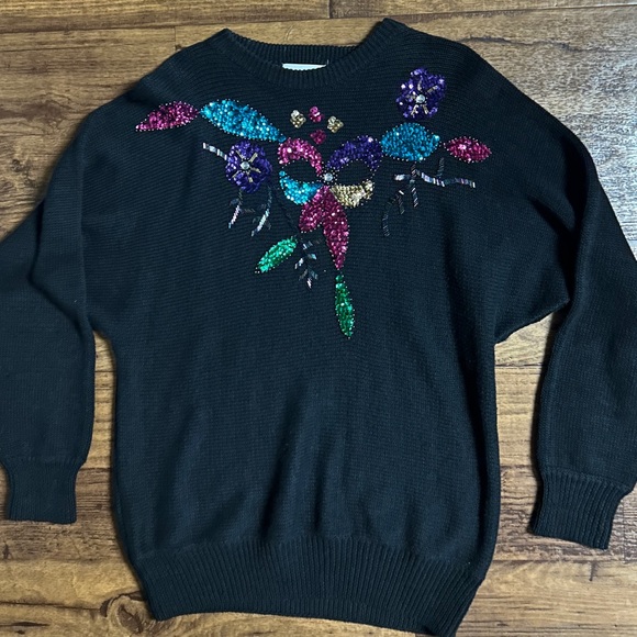 Marmie West • Vtg • 1980’s • Medium • Beaded/• Floral • Black • Sweater - Picture 3 of 10
